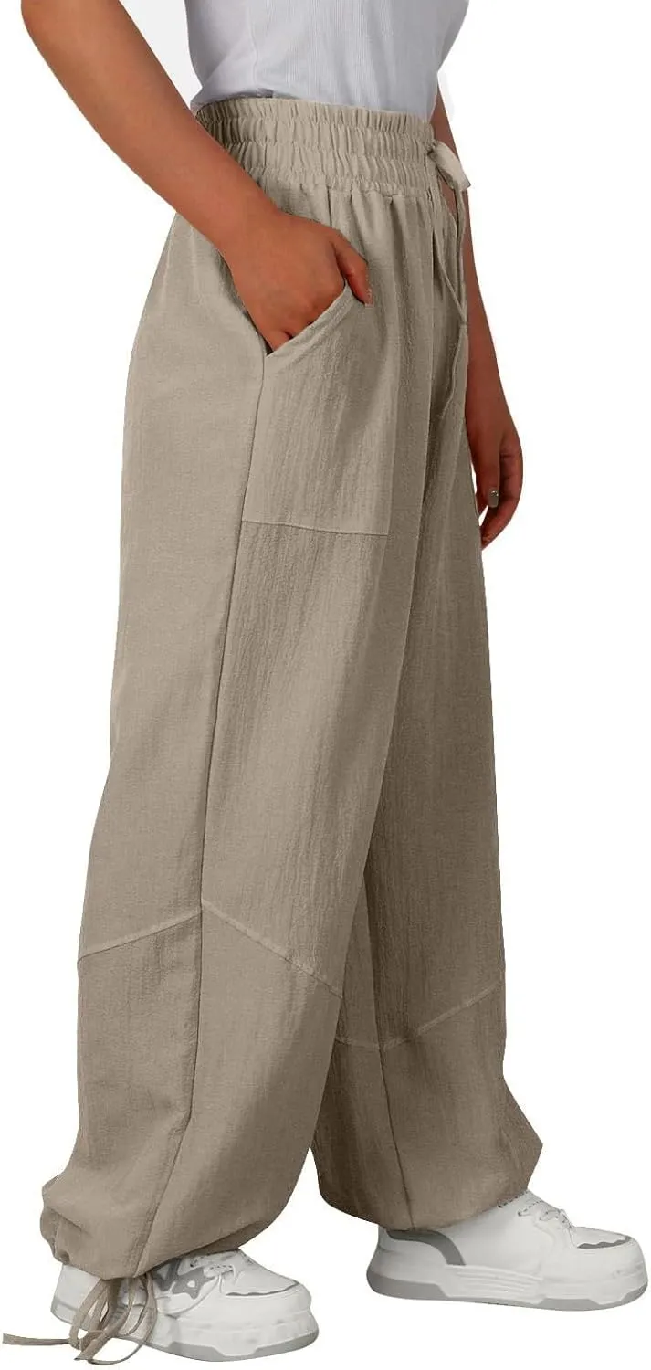 Linen Pants for Women Wide Leg High Waisted Drawstring Elastic Waist Trousers Solid Color Lounge Pants with Pockets