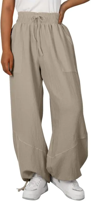 Linen Pants for Women Wide Leg High Waisted Drawstring Elastic Waist Trousers Solid Color Lounge Pants with Pockets