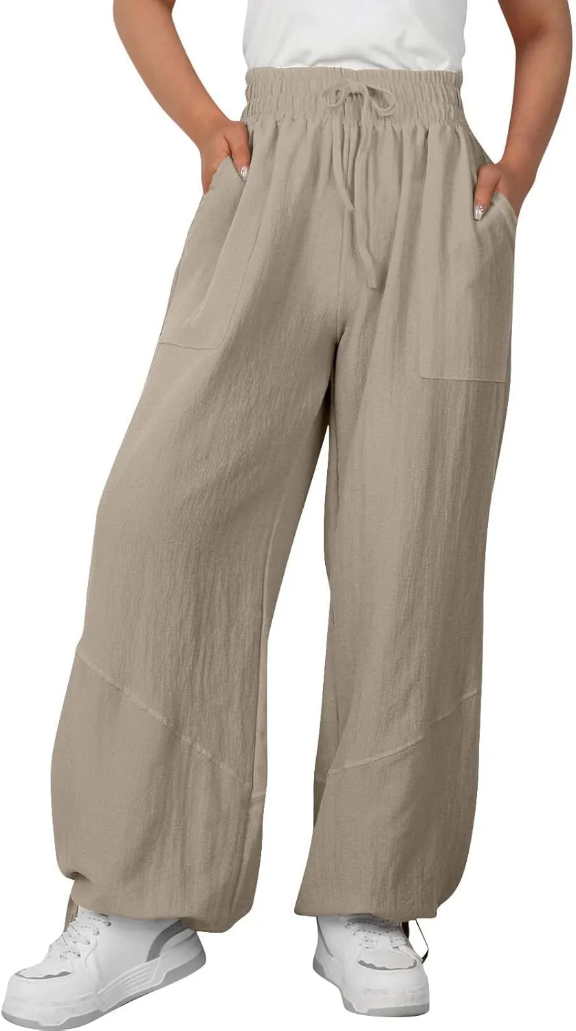 Linen Pants for Women Wide Leg High Waisted Drawstring Elastic Waist Trousers Solid Color Lounge Pants with Pockets