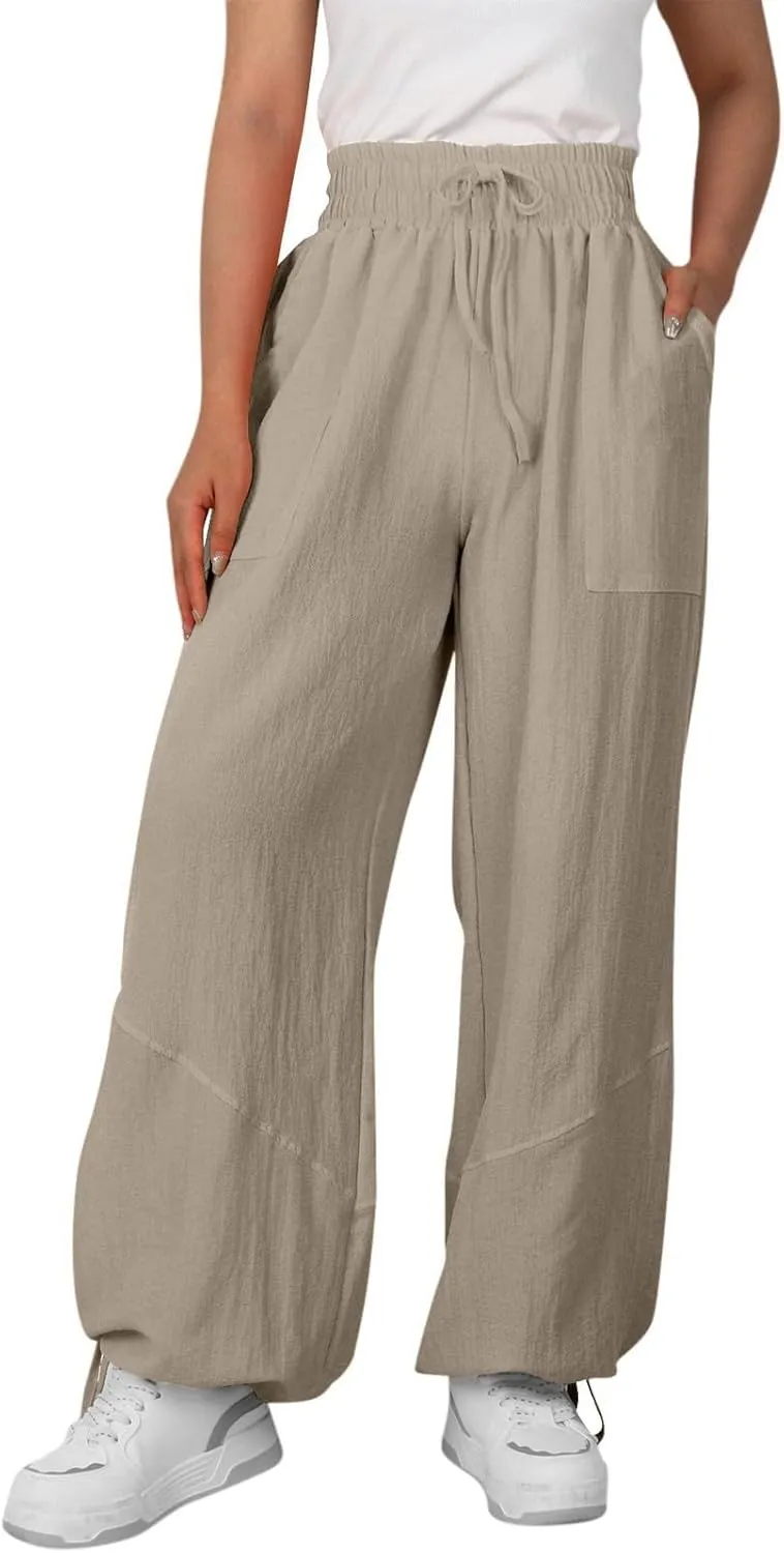 Linen Pants for Women Wide Leg High Waisted Drawstring Elastic Waist Trousers Solid Color Lounge Pants with Pockets