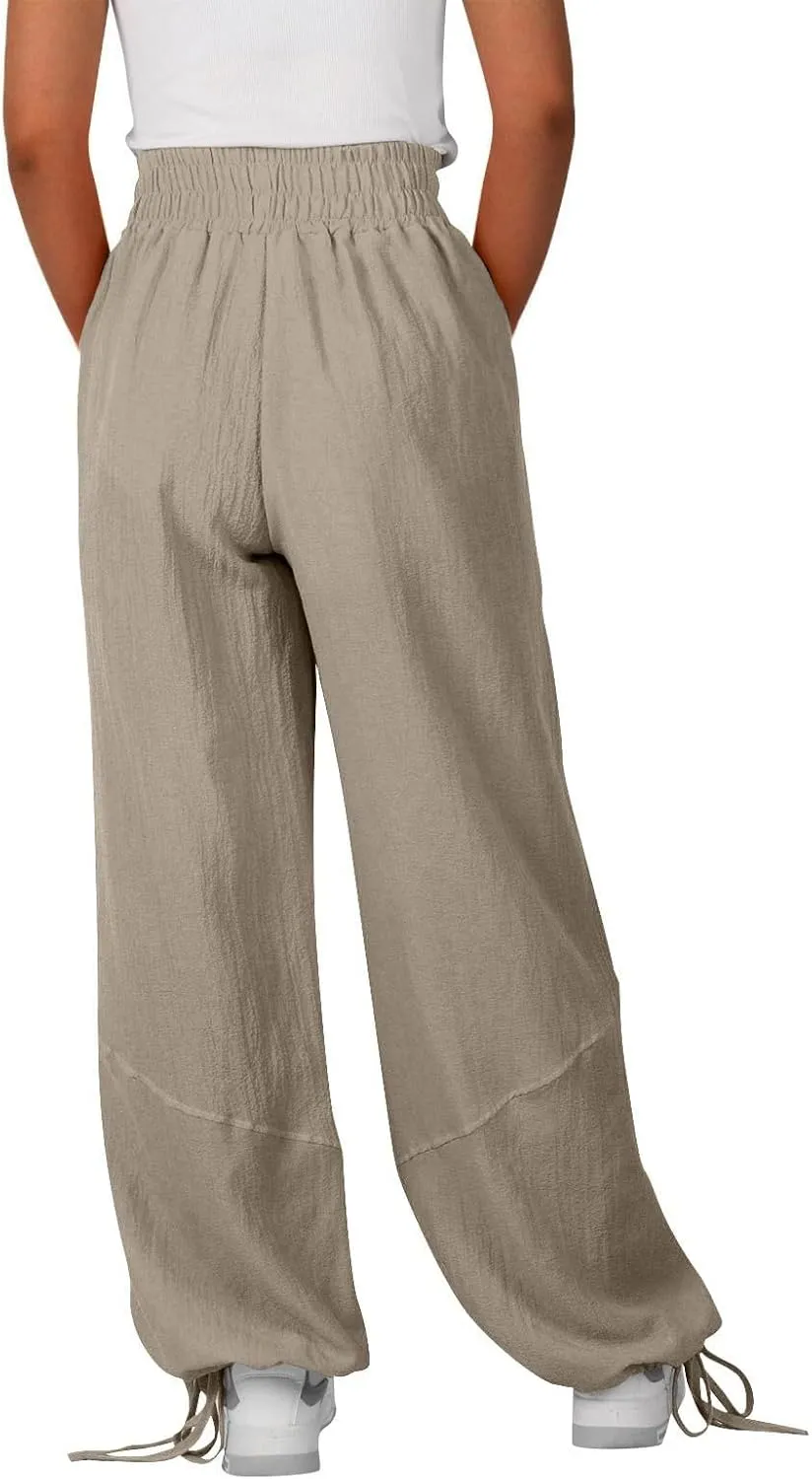 Linen Pants for Women Wide Leg High Waisted Drawstring Elastic Waist Trousers Solid Color Lounge Pants with Pockets