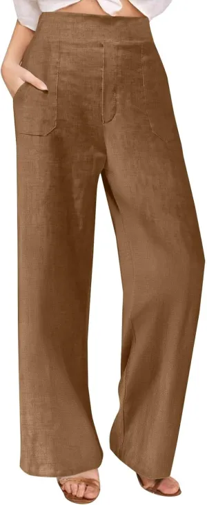 Linen Pants for Womens Summer Drawstring Waist Wide Leg Trousers Loose Linen Lightweight Pant Casual Beach Long Slacks