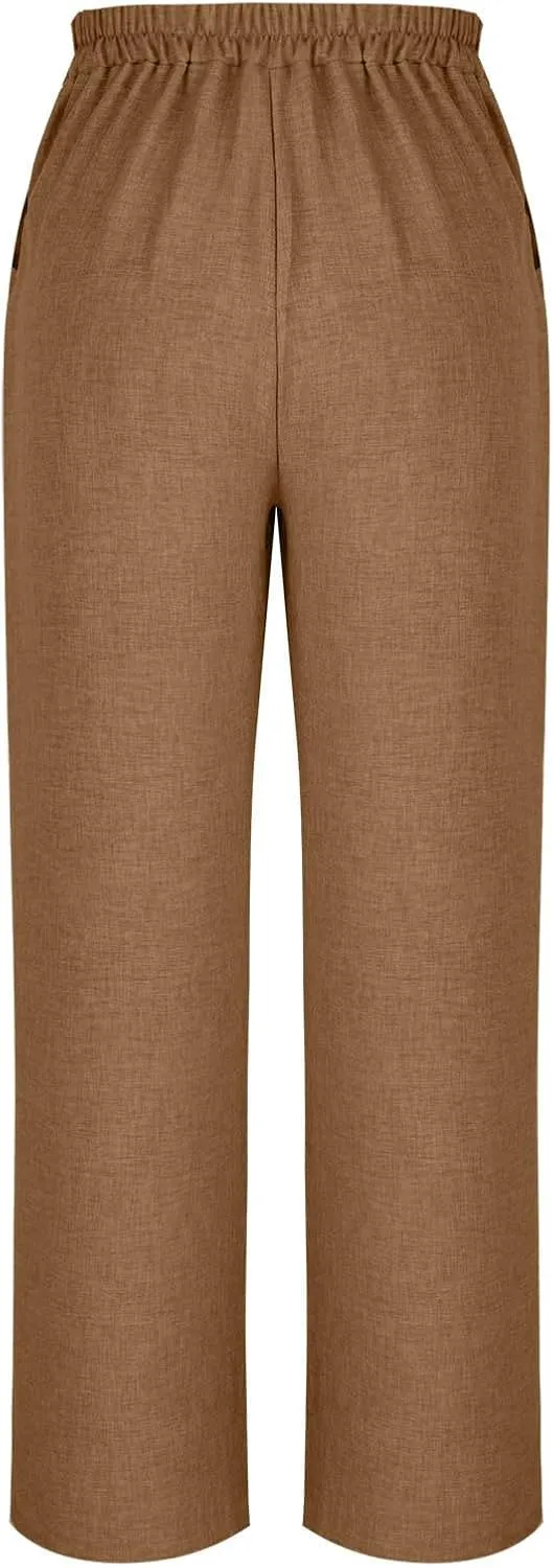 Linen Pants for Womens Summer Drawstring Waist Wide Leg Trousers Loose Linen Lightweight Pant Casual Beach Long Slacks