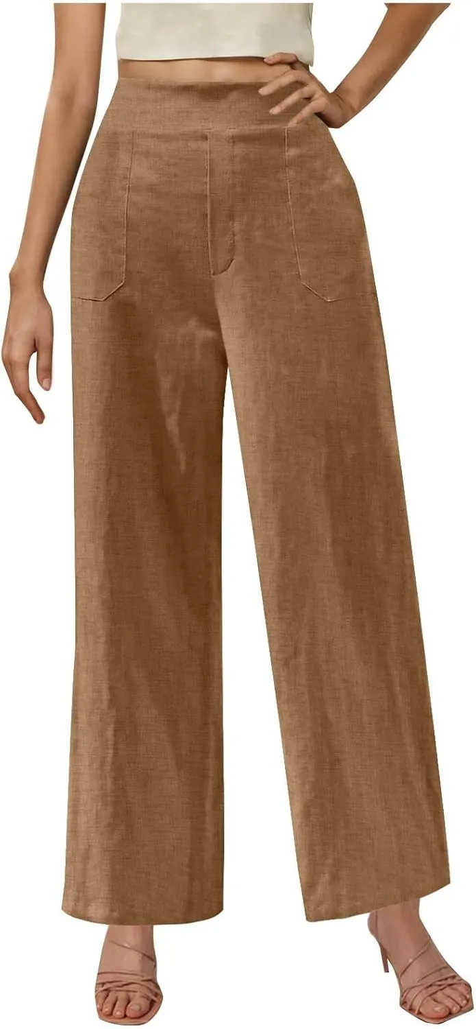 Linen Pants for Womens Summer Drawstring Waist Wide Leg Trousers Loose Linen Lightweight Pant Casual Beach Long Slacks
