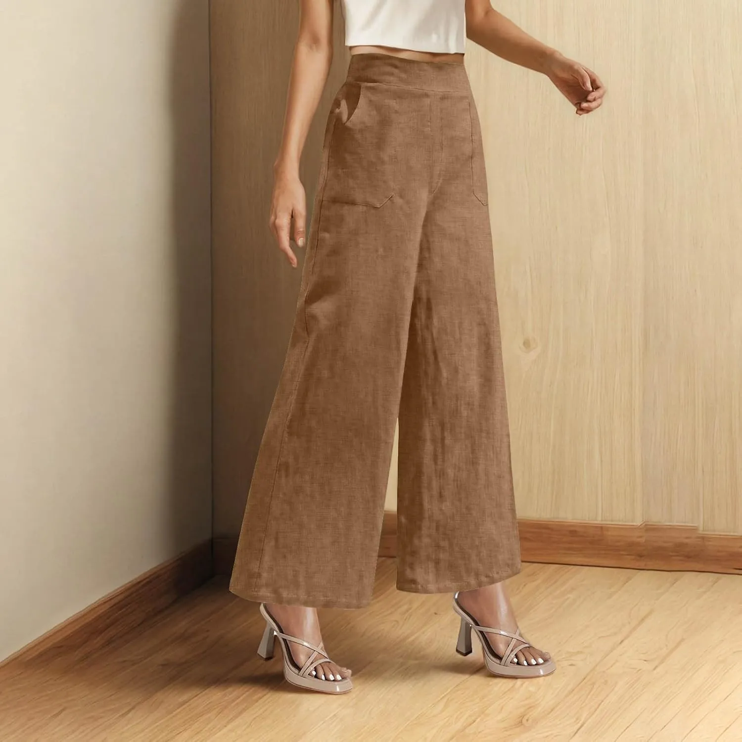 Linen Pants for Womens Summer Drawstring Waist Wide Leg Trousers Loose Linen Lightweight Pant Casual Beach Long Slacks