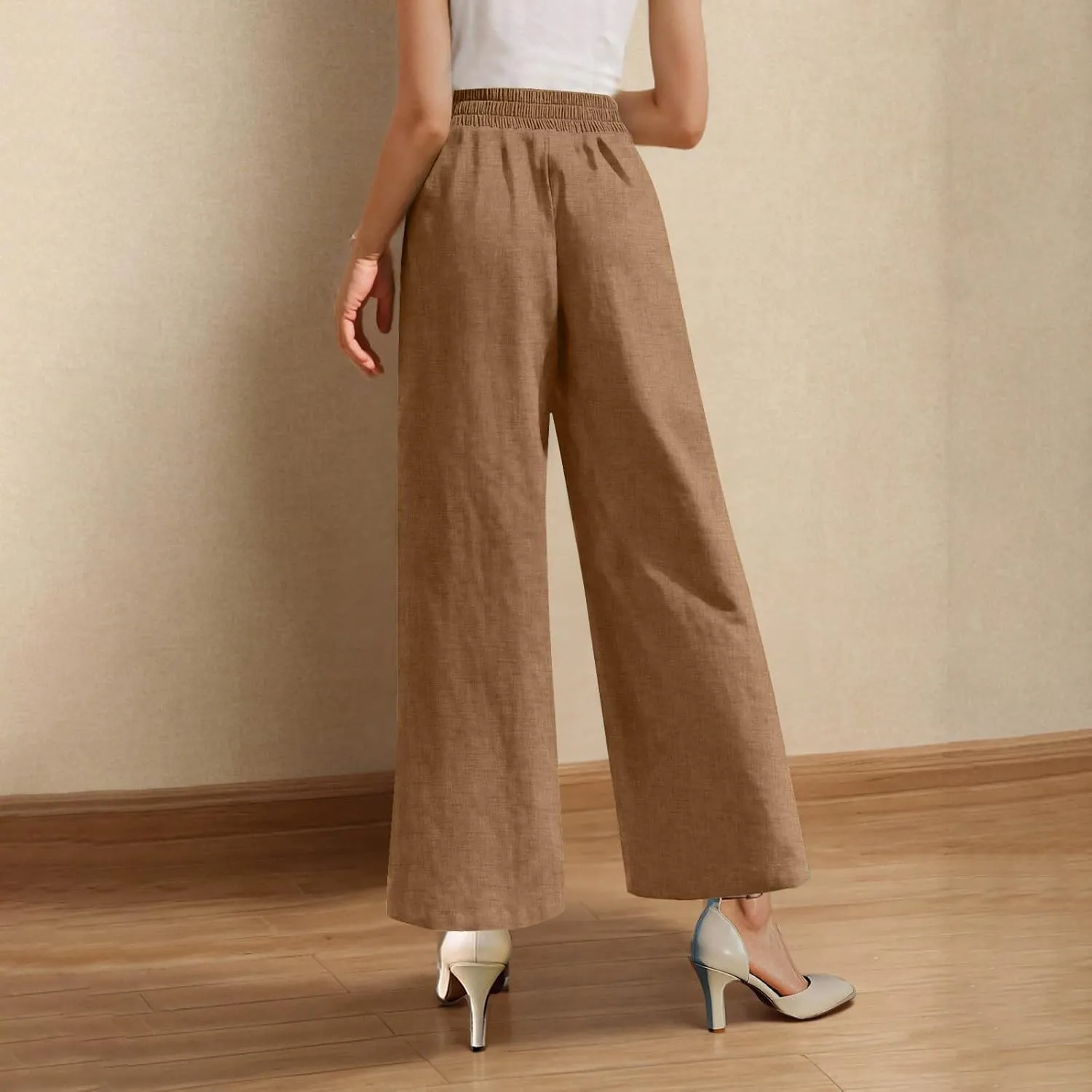 Linen Pants for Womens Summer Drawstring Waist Wide Leg Trousers Loose Linen Lightweight Pant Casual Beach Long Slacks