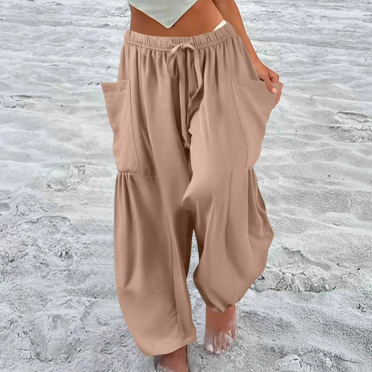 Linen Pants Women Casual Drawstring Cropped Barrel Palazzo Harem Pants Flowy Boho Beach Lounge Pants with Pockets
