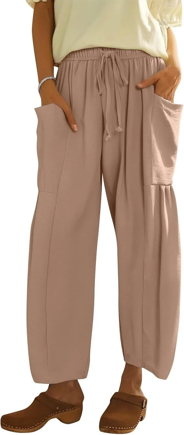 Linen Pants Women Casual Drawstring Cropped Barrel Palazzo Harem Pants Flowy Boho Beach Lounge Pants with Pockets
