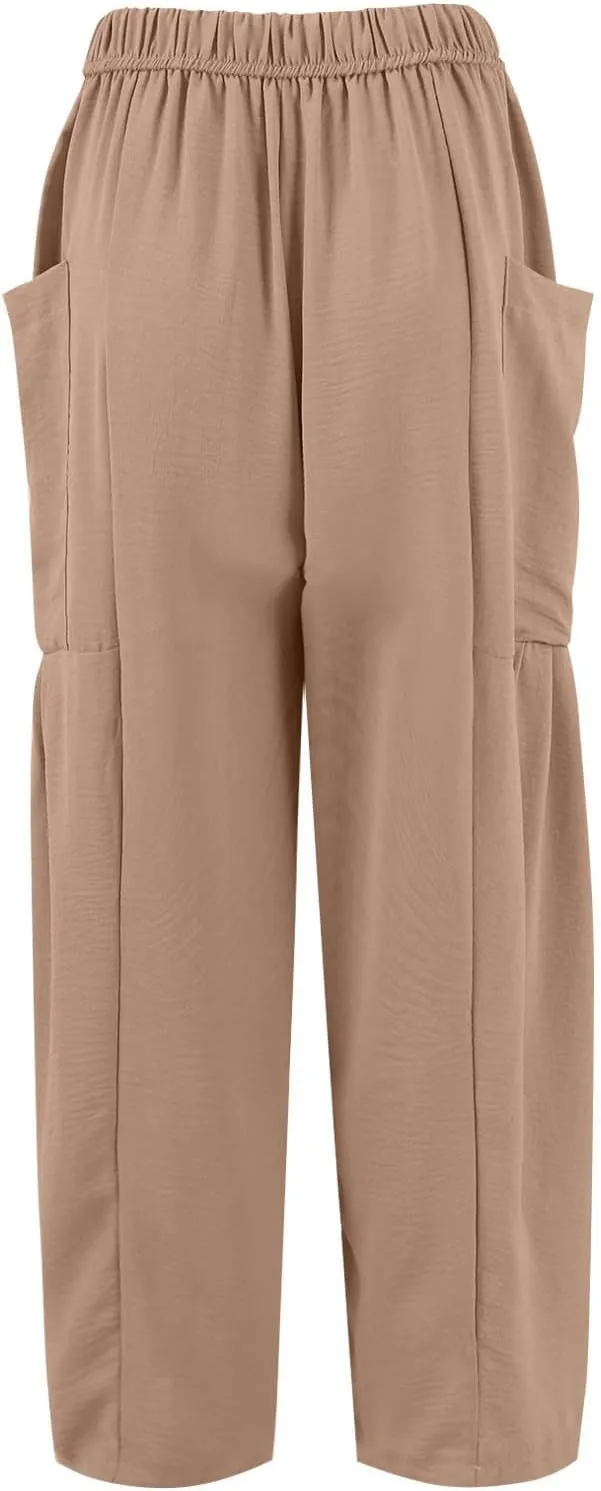 Linen Pants Women Casual Drawstring Cropped Barrel Palazzo Harem Pants Flowy Boho Beach Lounge Pants with Pockets