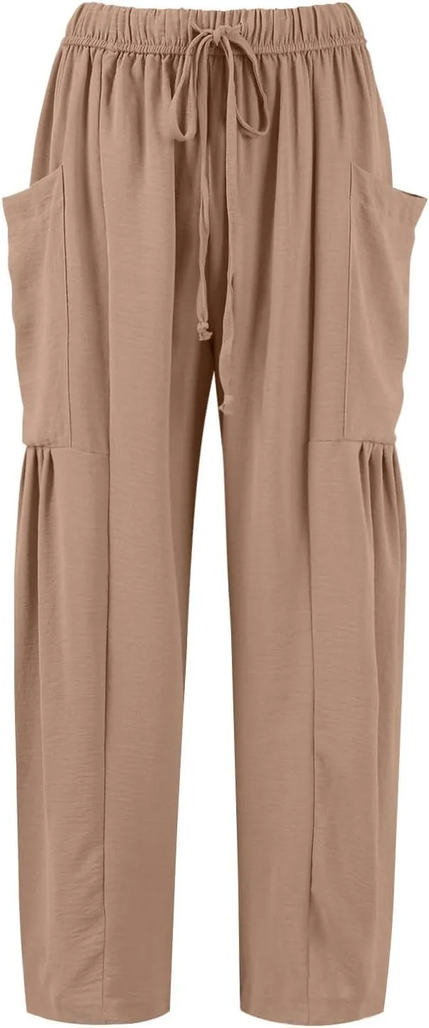 Linen Pants Women Casual Drawstring Cropped Barrel Palazzo Harem Pants Flowy Boho Beach Lounge Pants with Pockets
