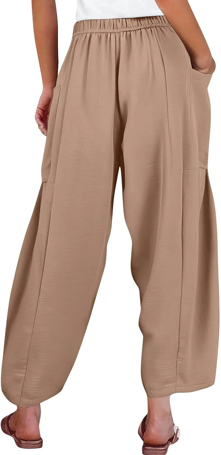 Linen Pants Women Casual Drawstring Cropped Barrel Palazzo Harem Pants Flowy Boho Beach Lounge Pants with Pockets