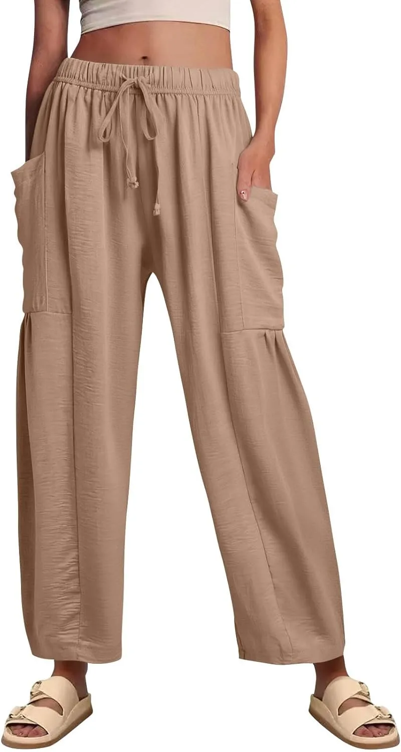 Linen Pants Women Casual Drawstring Cropped Barrel Palazzo Harem Pants Flowy Boho Beach Lounge Pants with Pockets