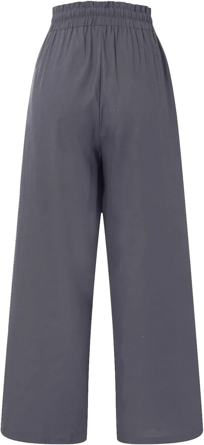 Linen Pants Women Drawstring High Waisted Cropped Wide Leg Pants Loose Boho Paperbag Beach Palazzo Pants with Pockets