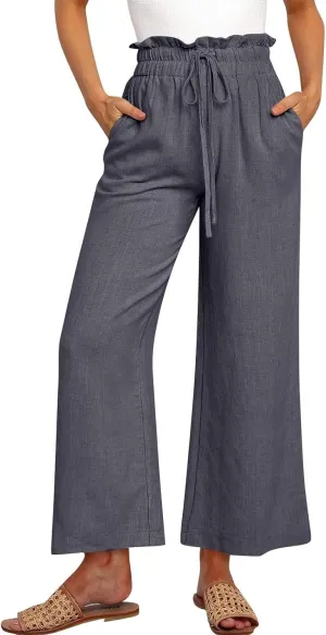 Linen Pants Women Drawstring High Waisted Cropped Wide Leg Pants Loose Boho Paperbag Beach Palazzo Pants with Pockets