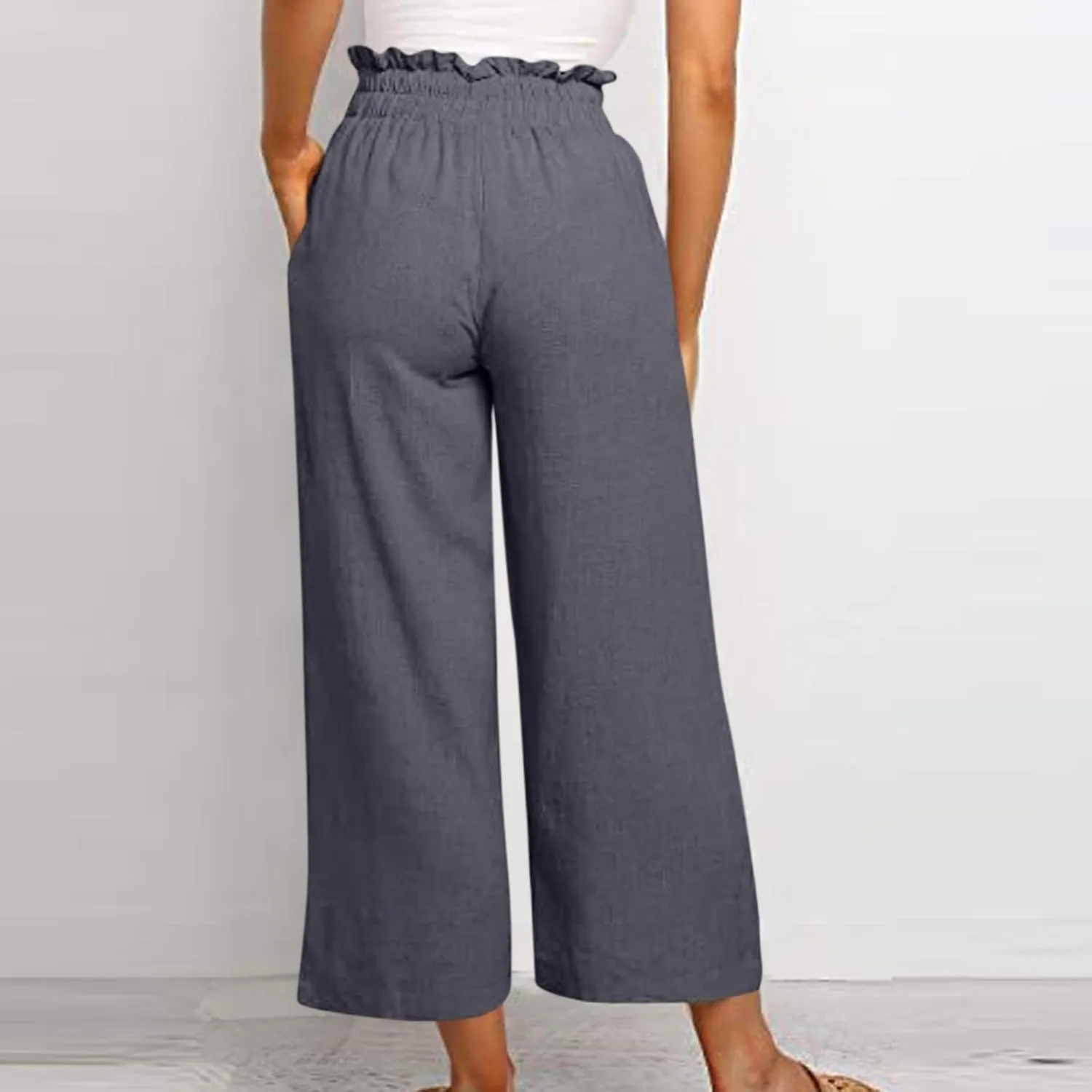 Linen Pants Women Drawstring High Waisted Cropped Wide Leg Pants Loose Boho Paperbag Beach Palazzo Pants with Pockets