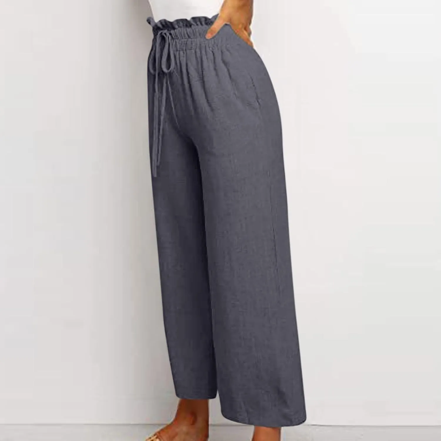 Linen Pants Women Drawstring High Waisted Cropped Wide Leg Pants Loose Boho Paperbag Beach Palazzo Pants with Pockets