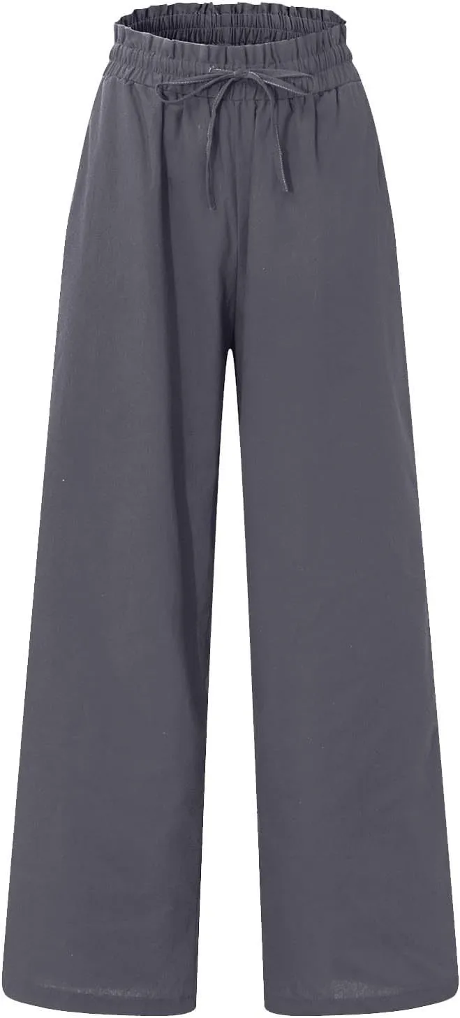 Linen Pants Women Drawstring High Waisted Cropped Wide Leg Pants Loose Boho Paperbag Beach Palazzo Pants with Pockets