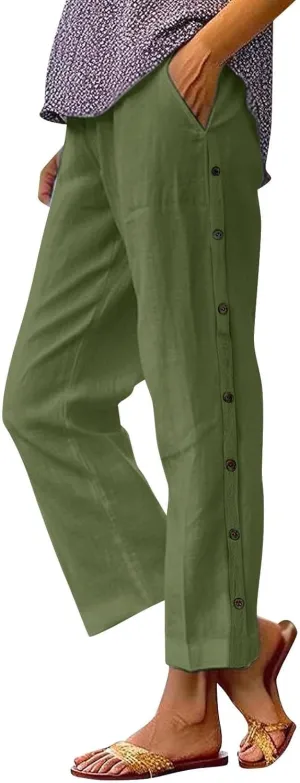 Linen Pants Women Lightweight Cotton Linend Summer Pants Casual Beach Elastic Waist Straight Trousers