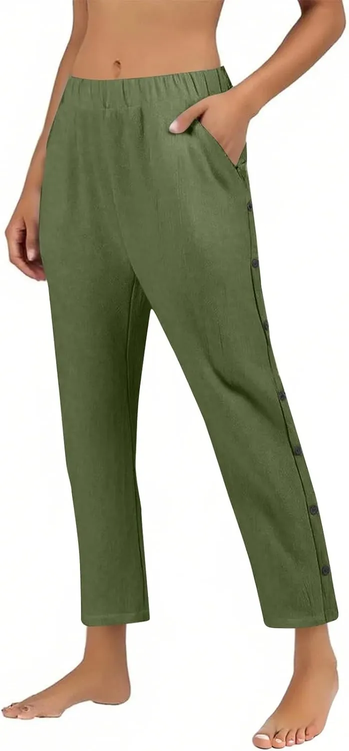 Linen Pants Women Lightweight Cotton Linend Summer Pants Casual Beach Elastic Waist Straight Trousers
