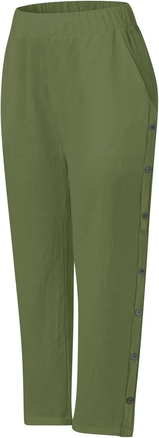 Linen Pants Women Lightweight Cotton Linend Summer Pants Casual Beach Elastic Waist Straight Trousers