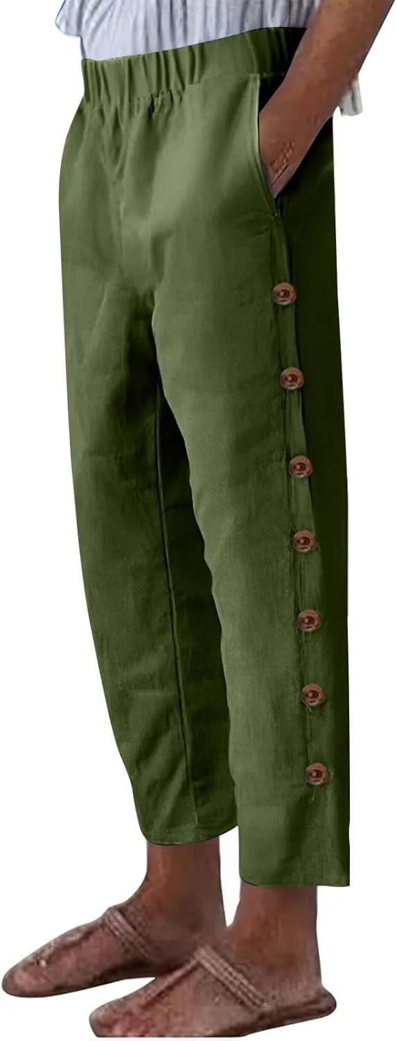 Linen Pants Women Lightweight Cotton Linend Summer Pants Casual Beach Elastic Waist Straight Trousers