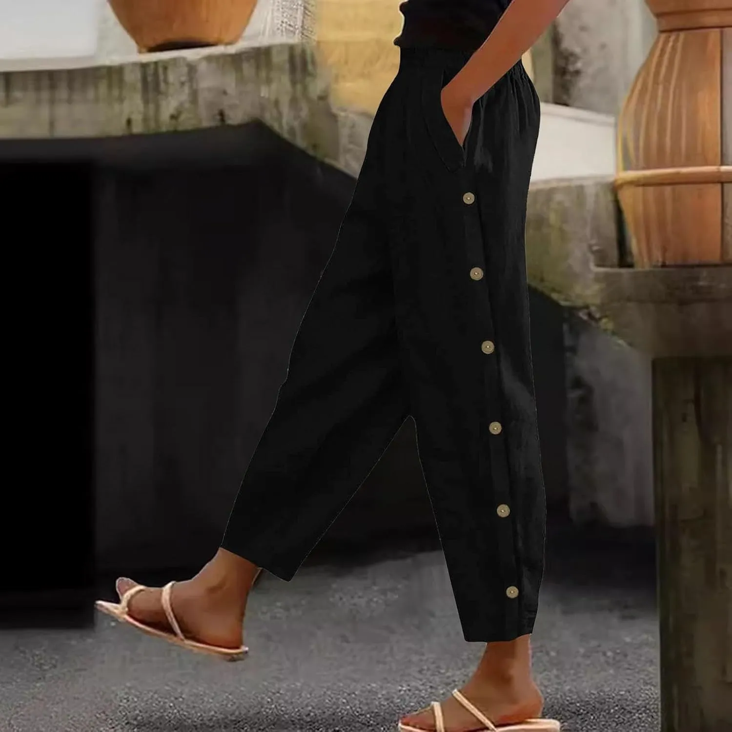 Linen Pants Women Summer 2025 Elastic Waisted Side Button Cropped Trouser Soft Comfy Plus Size Trousers with Pockets