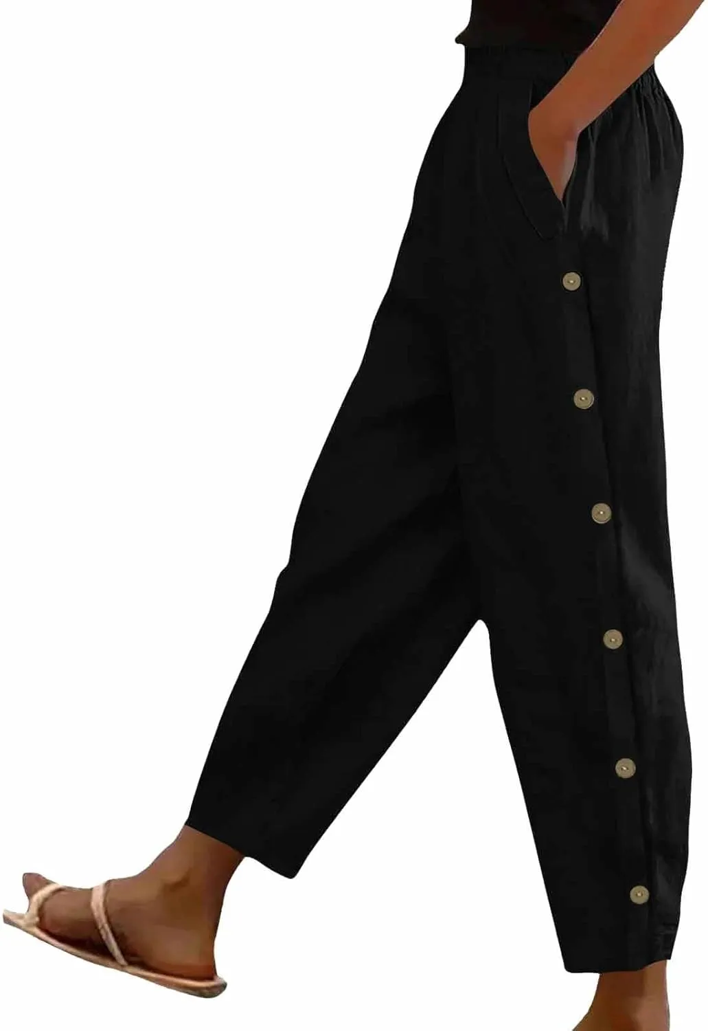 Linen Pants Women Summer 2025 Elastic Waisted Side Button Cropped Trouser Soft Comfy Plus Size Trousers with Pockets