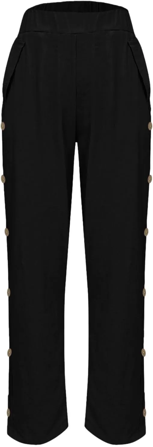 Linen Pants Women Summer 2025 Elastic Waisted Side Button Cropped Trouser Soft Comfy Plus Size Trousers with Pockets