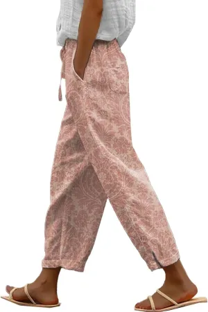 Linen Pants Women Summer Casual Drawstring Pants High Waist Adjustable Knot Loose Casual Trousers Womens Summer