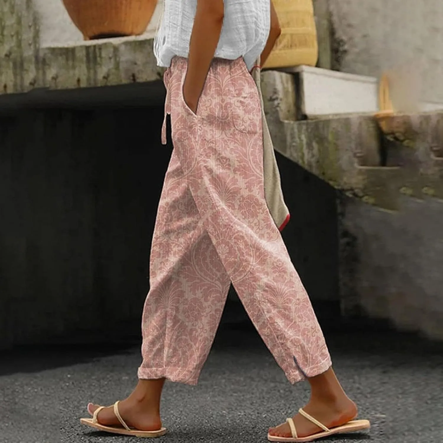 Linen Pants Women Summer Casual Drawstring Pants High Waist Adjustable Knot Loose Casual Trousers Womens Summer