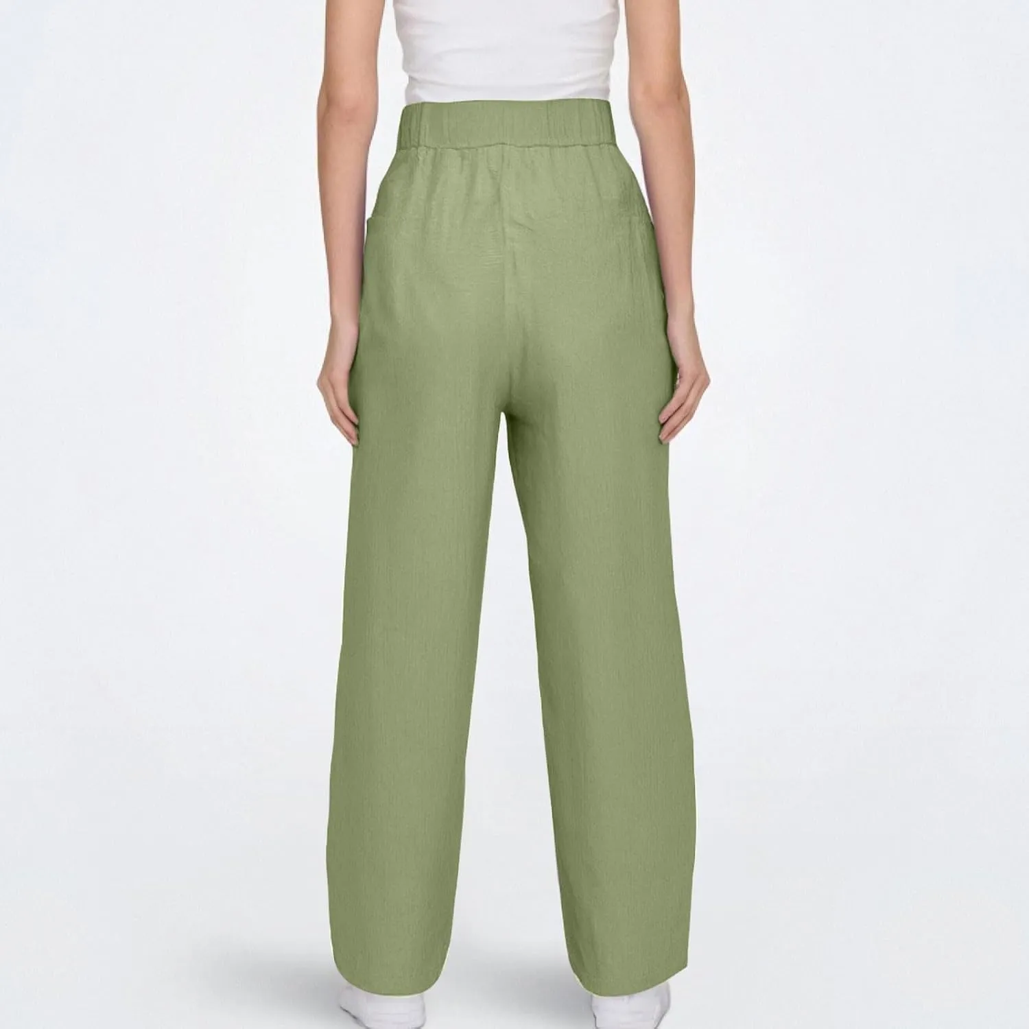 Linen Pants Women Summer High Elastic Waist Drawstring Palazzo Pants Straight Leg Slacks with Pockets