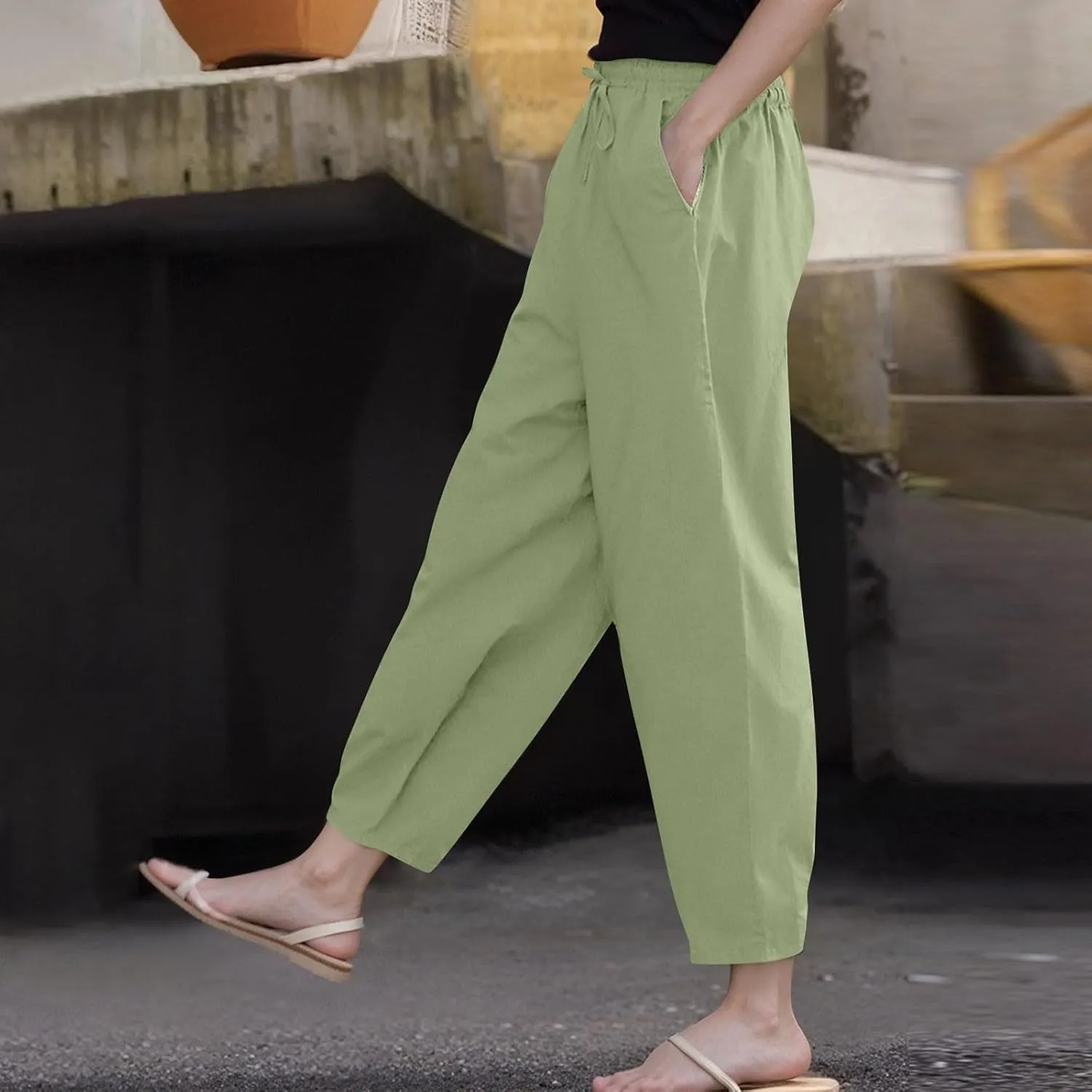 Linen Pants Women Summer High Elastic Waist Drawstring Palazzo Pants Straight Leg Slacks with Pockets