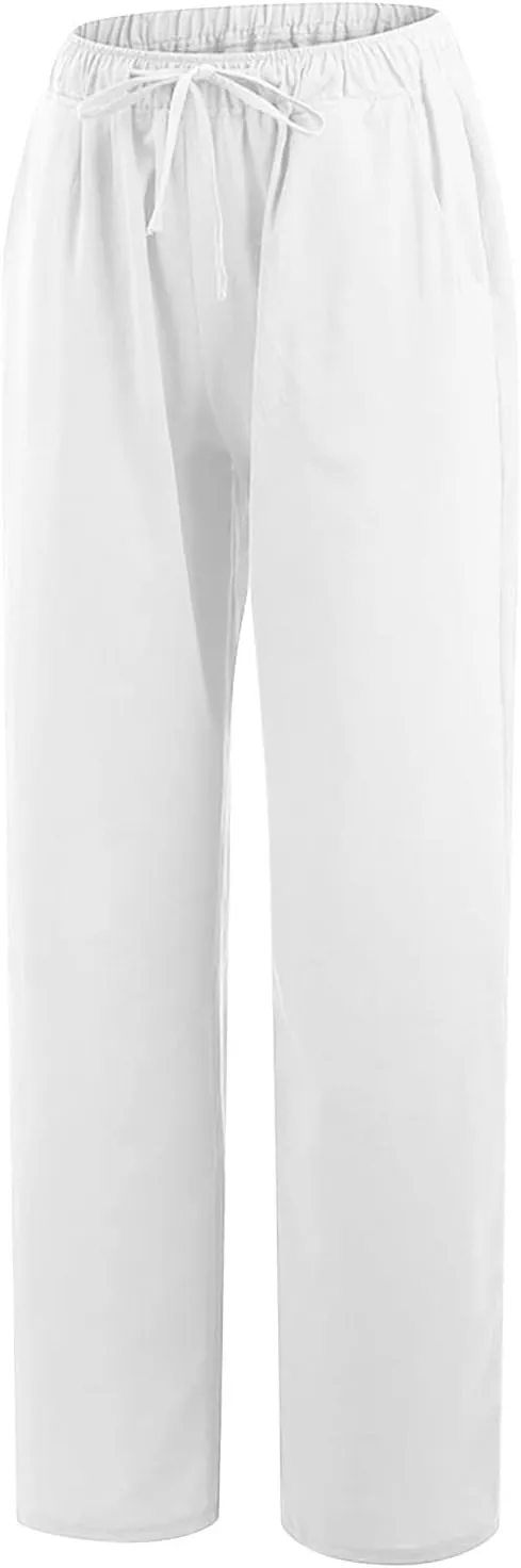 Linen Pants Women Summer High Waisted Pants Casual Wide Leg Pant Drawstring Elastic Waist Pant Flowy Beach Trousers