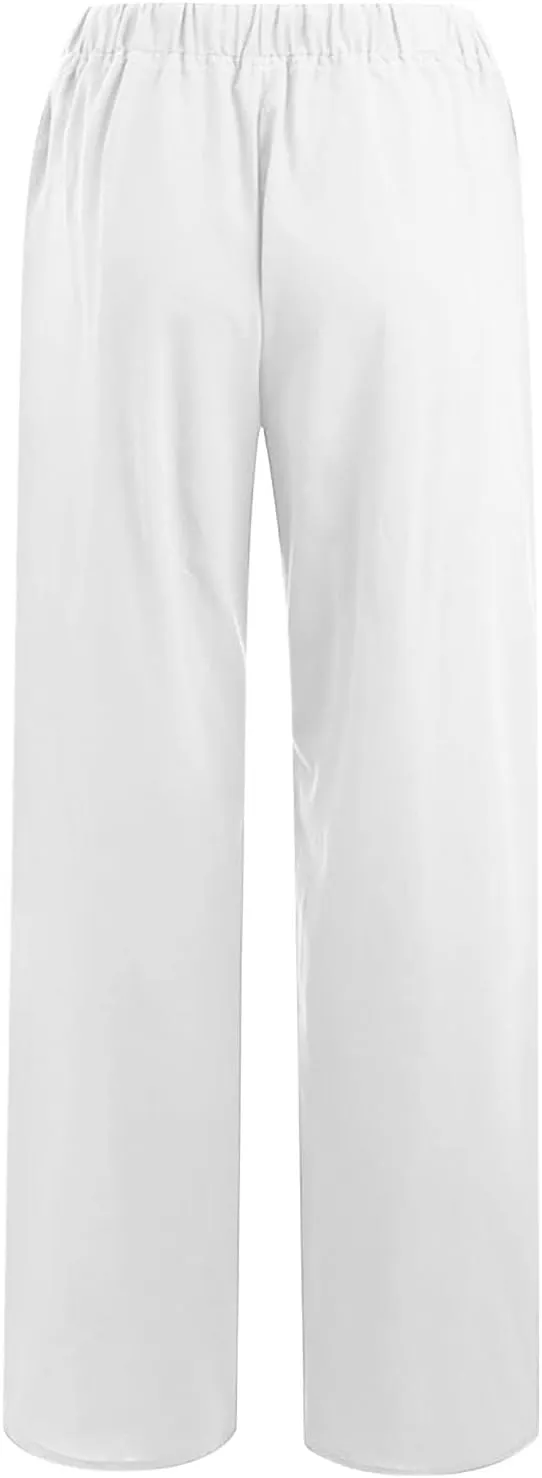 Linen Pants Women Summer High Waisted Pants Casual Wide Leg Pant Drawstring Elastic Waist Pant Flowy Beach Trousers