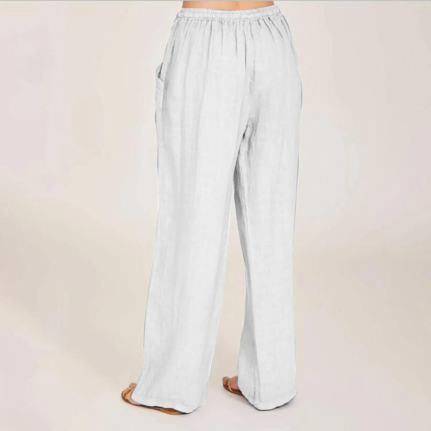 Linen Pants Women Summer High Waisted Pants Casual Wide Leg Pant Drawstring Elastic Waist Pant Flowy Beach Trousers
