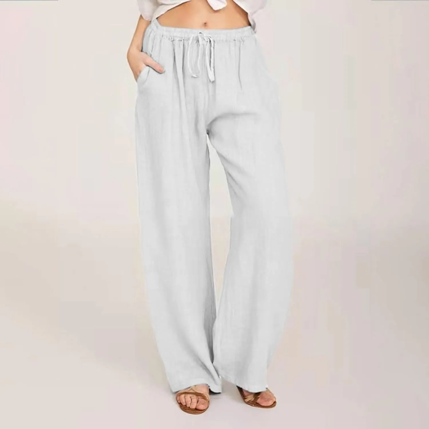 Linen Pants Women Summer High Waisted Pants Casual Wide Leg Pant Drawstring Elastic Waist Pant Flowy Beach Trousers