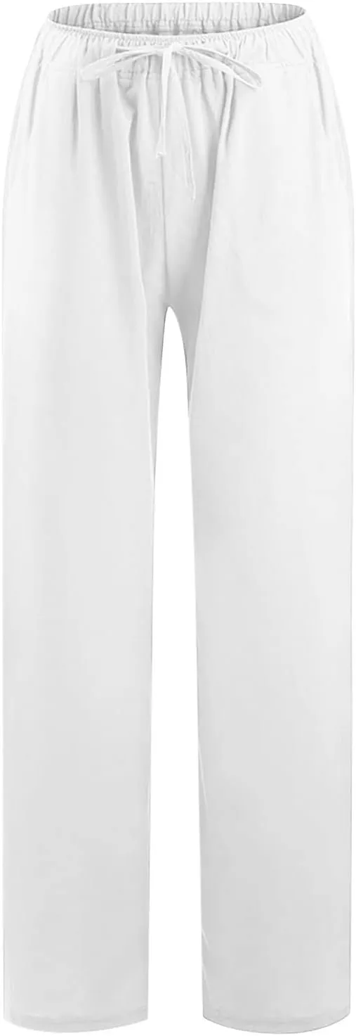 Linen Pants Women Summer High Waisted Pants Casual Wide Leg Pant Drawstring Elastic Waist Pant Flowy Beach Trousers
