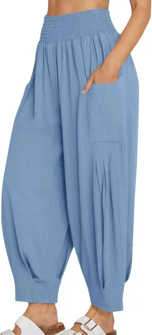 Linen Pants Women Summer Trendy Casual Elastic Waisted Wide Leg Pants Plus Size Loose Fit Lounge Trousers with Pockets
