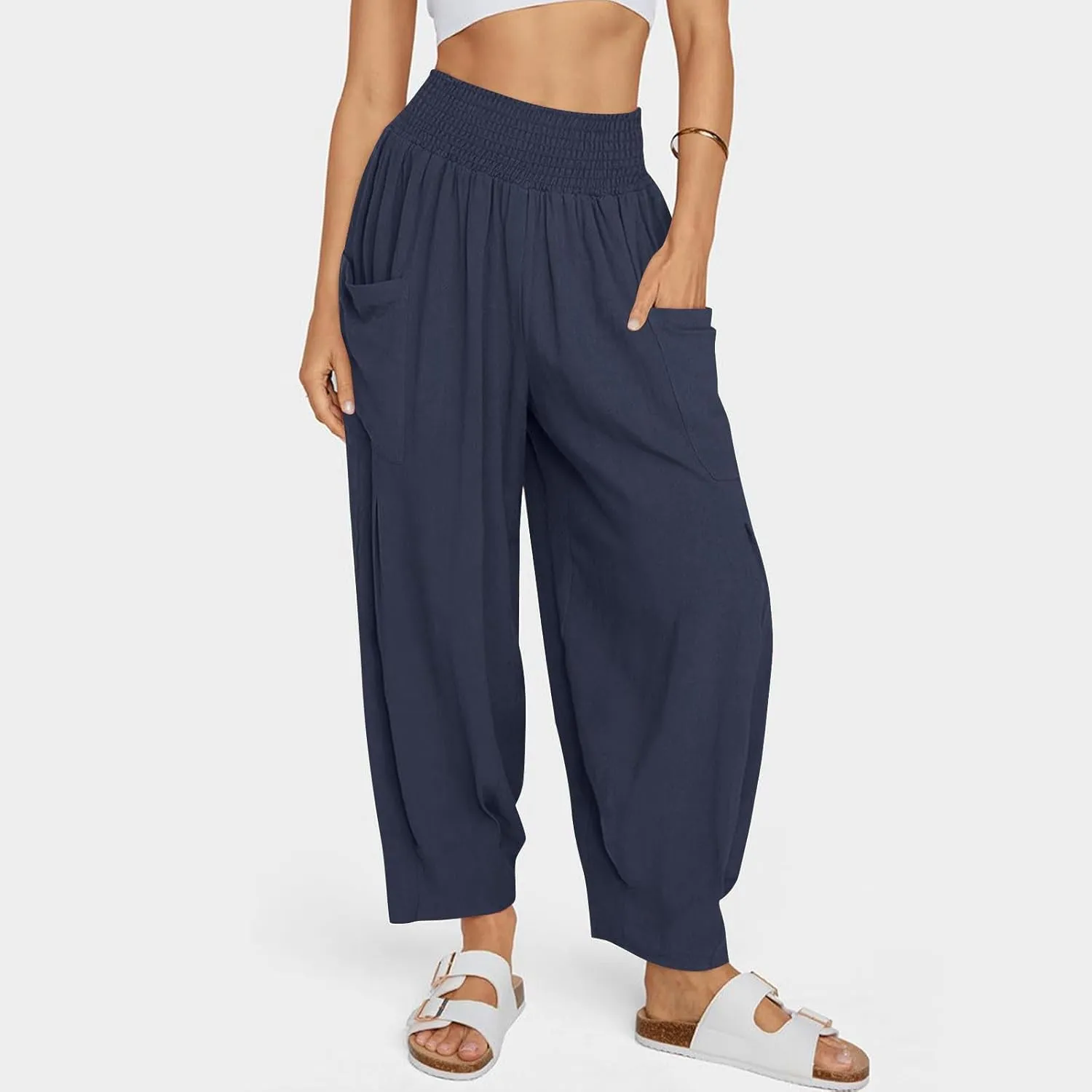 Linen Pants Women Summer Trendy Casual Elastic Waisted Wide Leg Pants Plus Size Loose Fit Lounge Trousers with Pockets