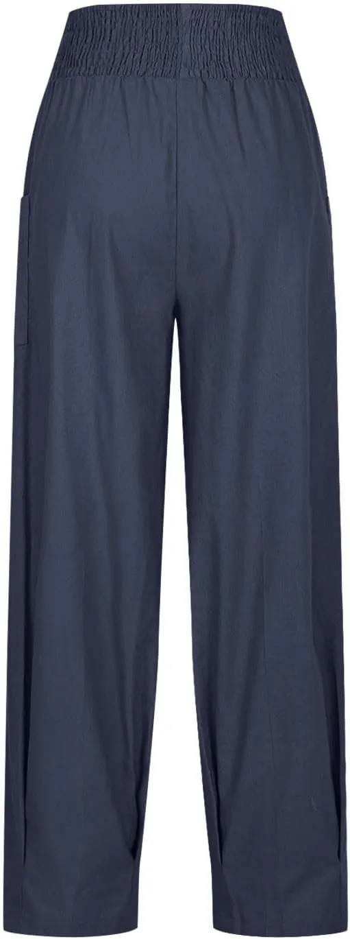 Linen Pants Women Summer Trendy Casual Elastic Waisted Wide Leg Pants Plus Size Loose Fit Lounge Trousers with Pockets