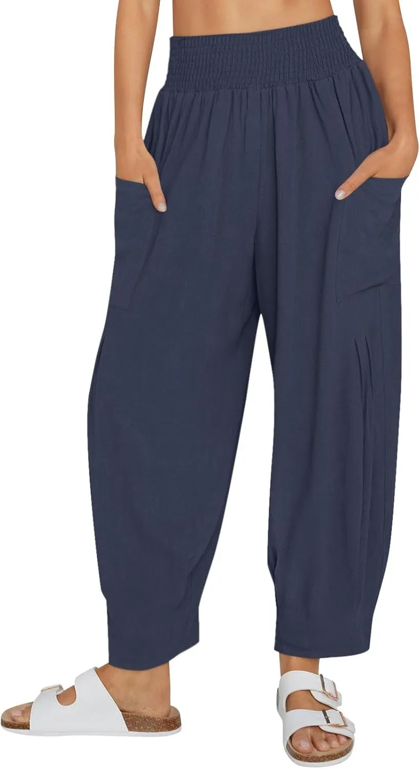Linen Pants Women Summer Trendy Casual Elastic Waisted Wide Leg Pants Plus Size Loose Fit Lounge Trousers with Pockets