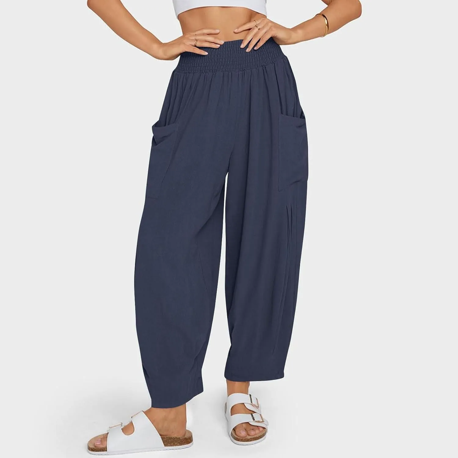 Linen Pants Women Summer Trendy Casual Elastic Waisted Wide Leg Pants Plus Size Loose Fit Lounge Trousers with Pockets