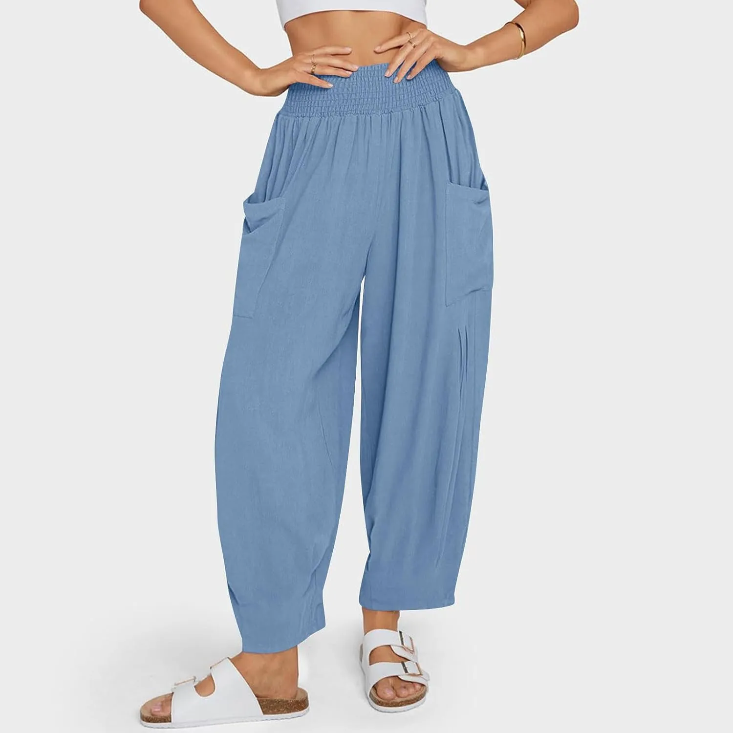 Linen Pants Women Summer Trendy Casual Elastic Waisted Wide Leg Pants Plus Size Loose Fit Lounge Trousers with Pockets