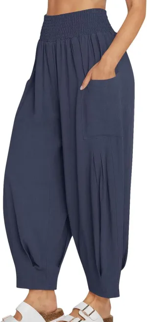 Linen Pants Women Summer Trendy Casual Elastic Waisted Wide Leg Pants Plus Size Loose Fit Lounge Trousers with Pockets