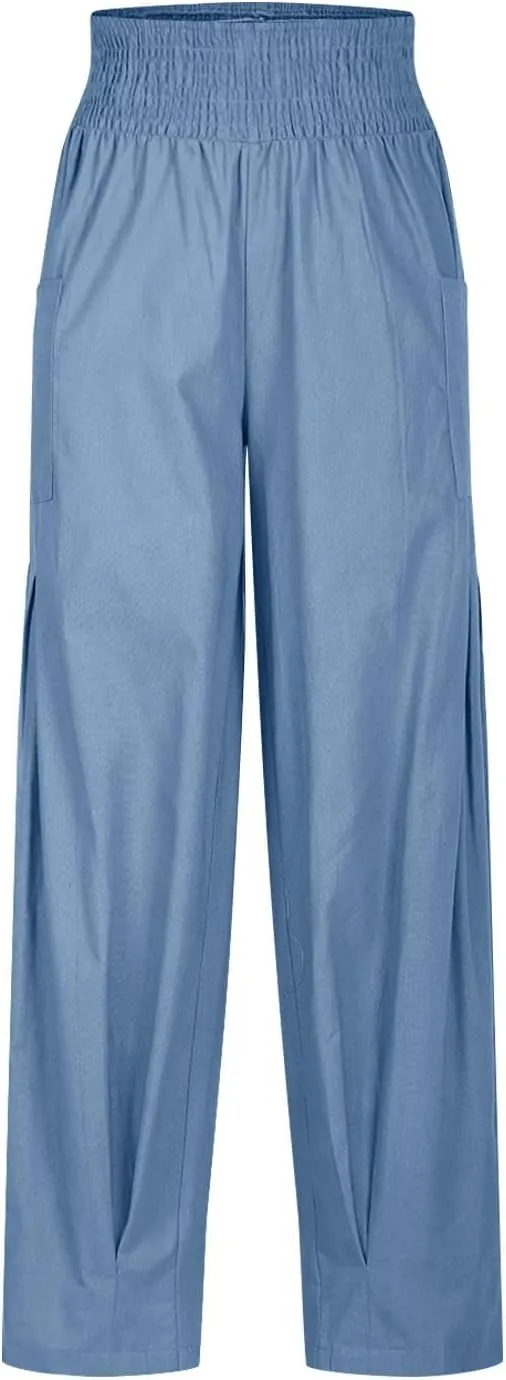 Linen Pants Women Summer Trendy Casual Elastic Waisted Wide Leg Pants Plus Size Loose Fit Lounge Trousers with Pockets