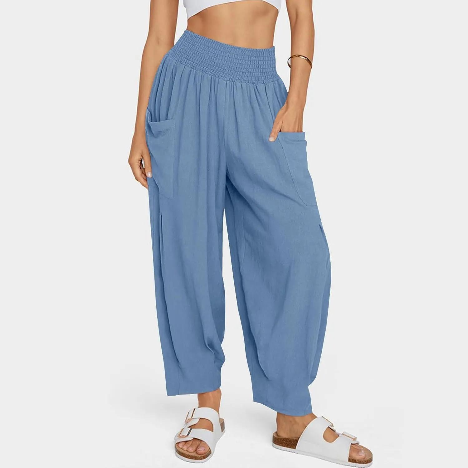 Linen Pants Women Summer Trendy Casual Elastic Waisted Wide Leg Pants Plus Size Loose Fit Lounge Trousers with Pockets
