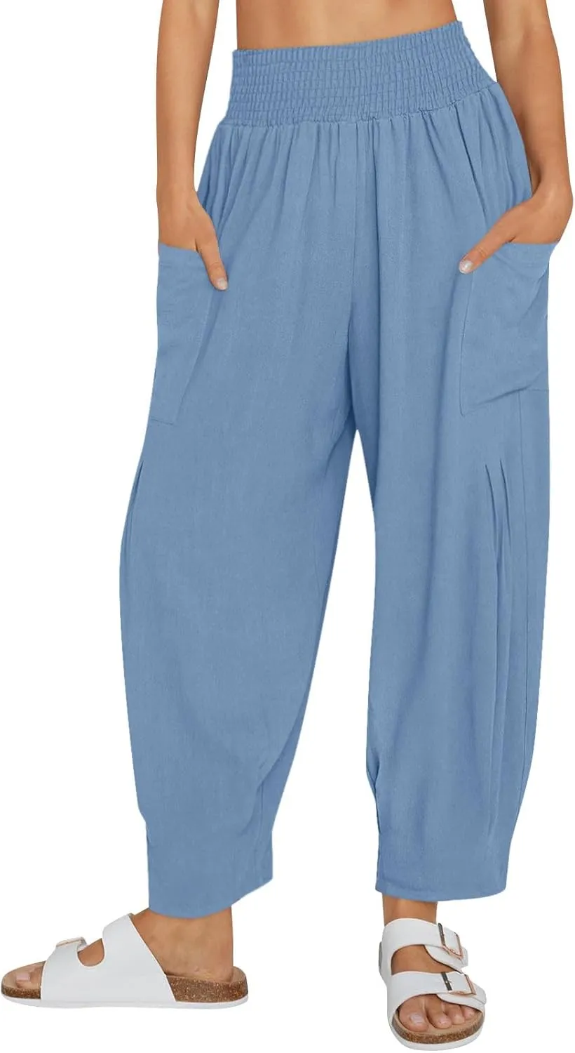 Linen Pants Women Summer Trendy Casual Elastic Waisted Wide Leg Pants Plus Size Loose Fit Lounge Trousers with Pockets