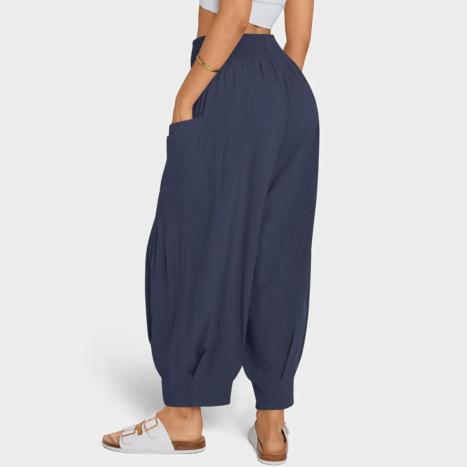 Linen Pants Women Summer Trendy Casual Elastic Waisted Wide Leg Pants Plus Size Loose Fit Lounge Trousers with Pockets