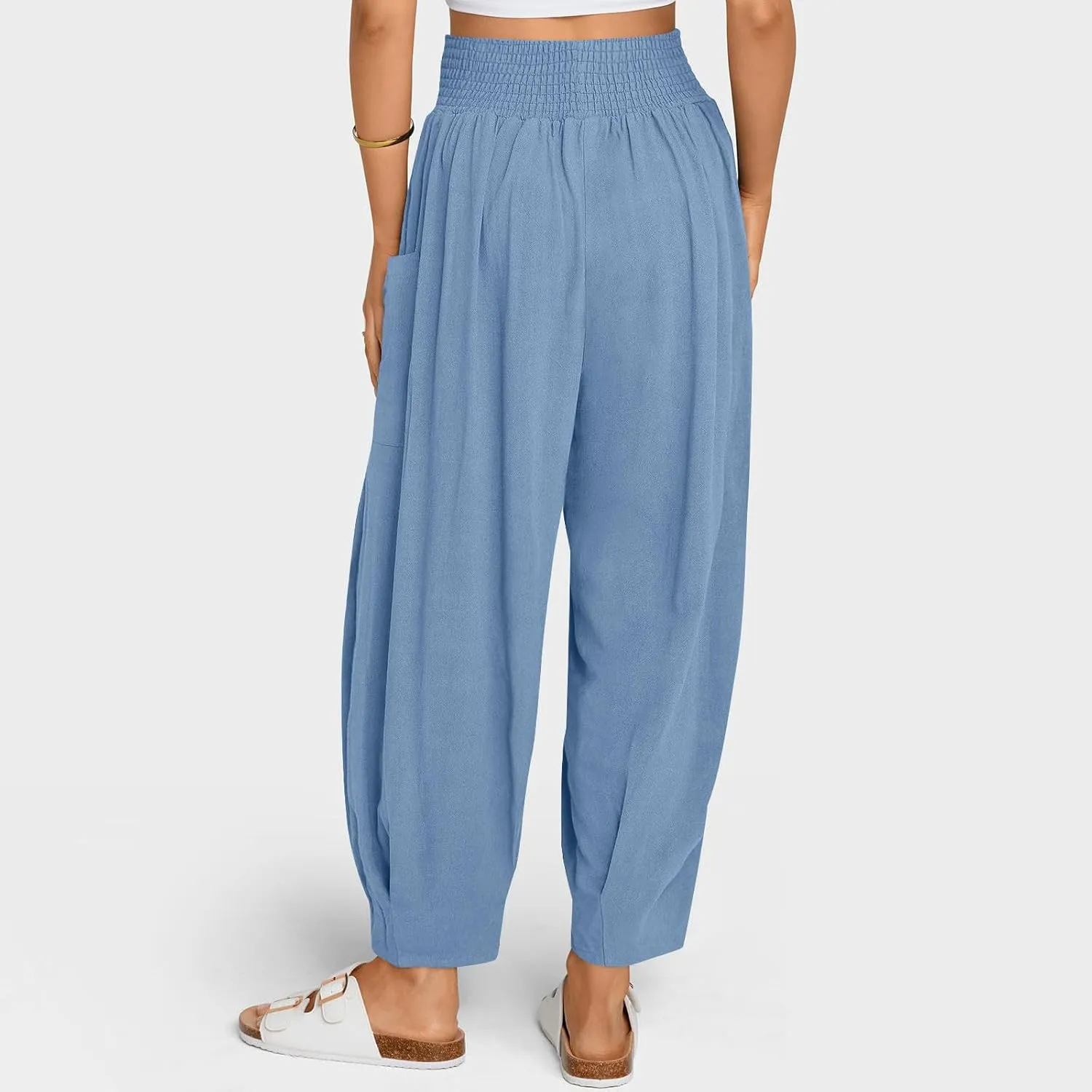 Linen Pants Women Summer Trendy Casual Elastic Waisted Wide Leg Pants Plus Size Loose Fit Lounge Trousers with Pockets