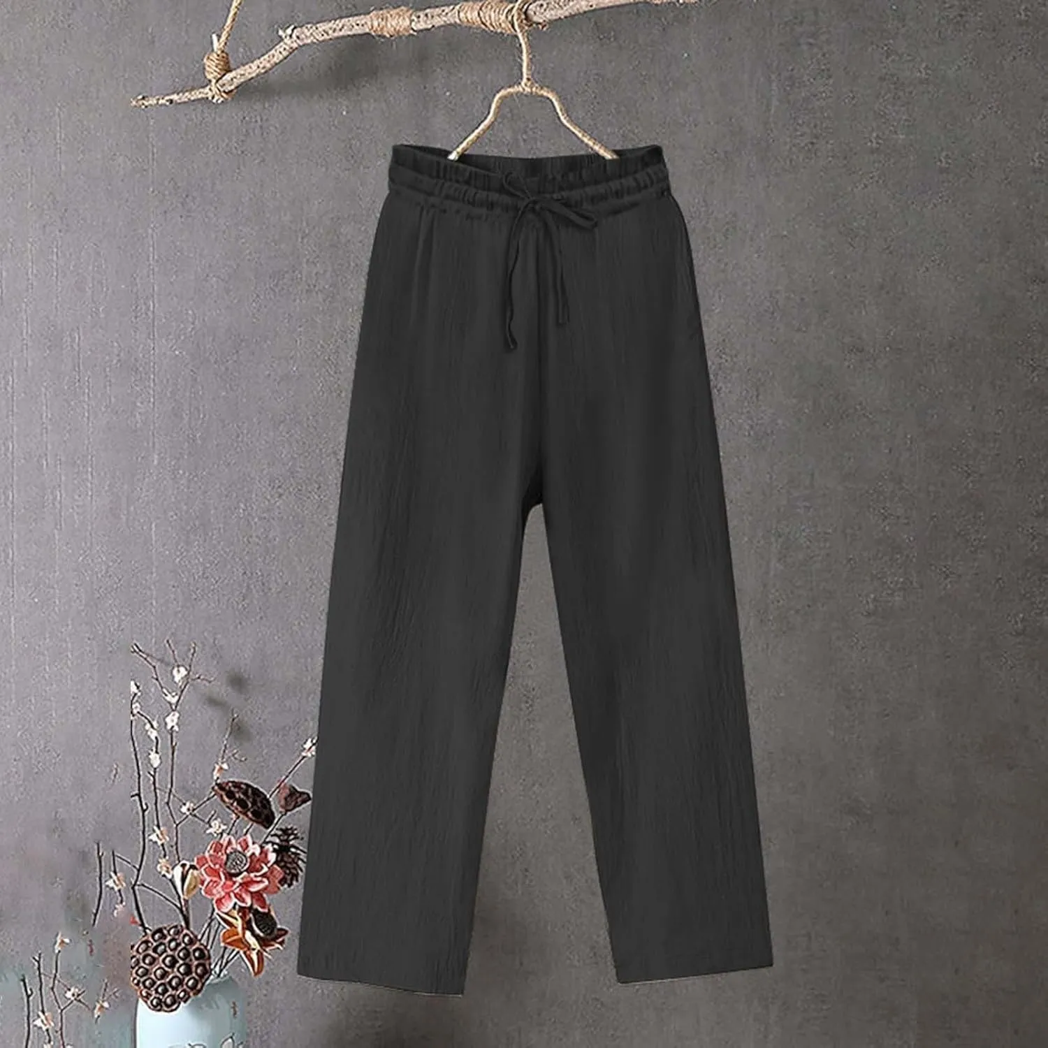 Linen Pants Women Tall Elastic High Waisted Pants for Women Cotton Womens Sweatpants with Pockets Straight Wide Leg